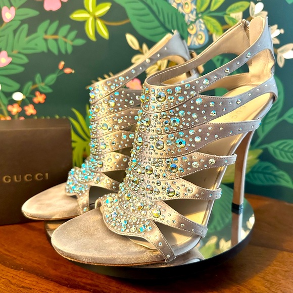 GUCCI Crystal Embellished Studded Silk Cutout Heels (Size EU 39)